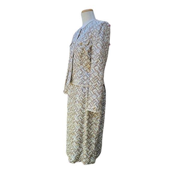 Adrianna Papell Silk Jacket & Skirt Set Geometric Print Size 8 Beige/Brown - Picture 4 of 13